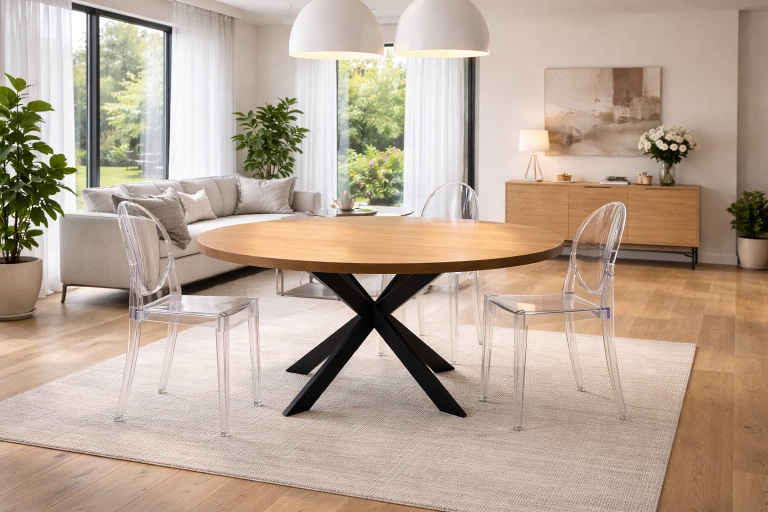 Mesa redonda de madera maciza con patas de metal en aspa - Imagen 3