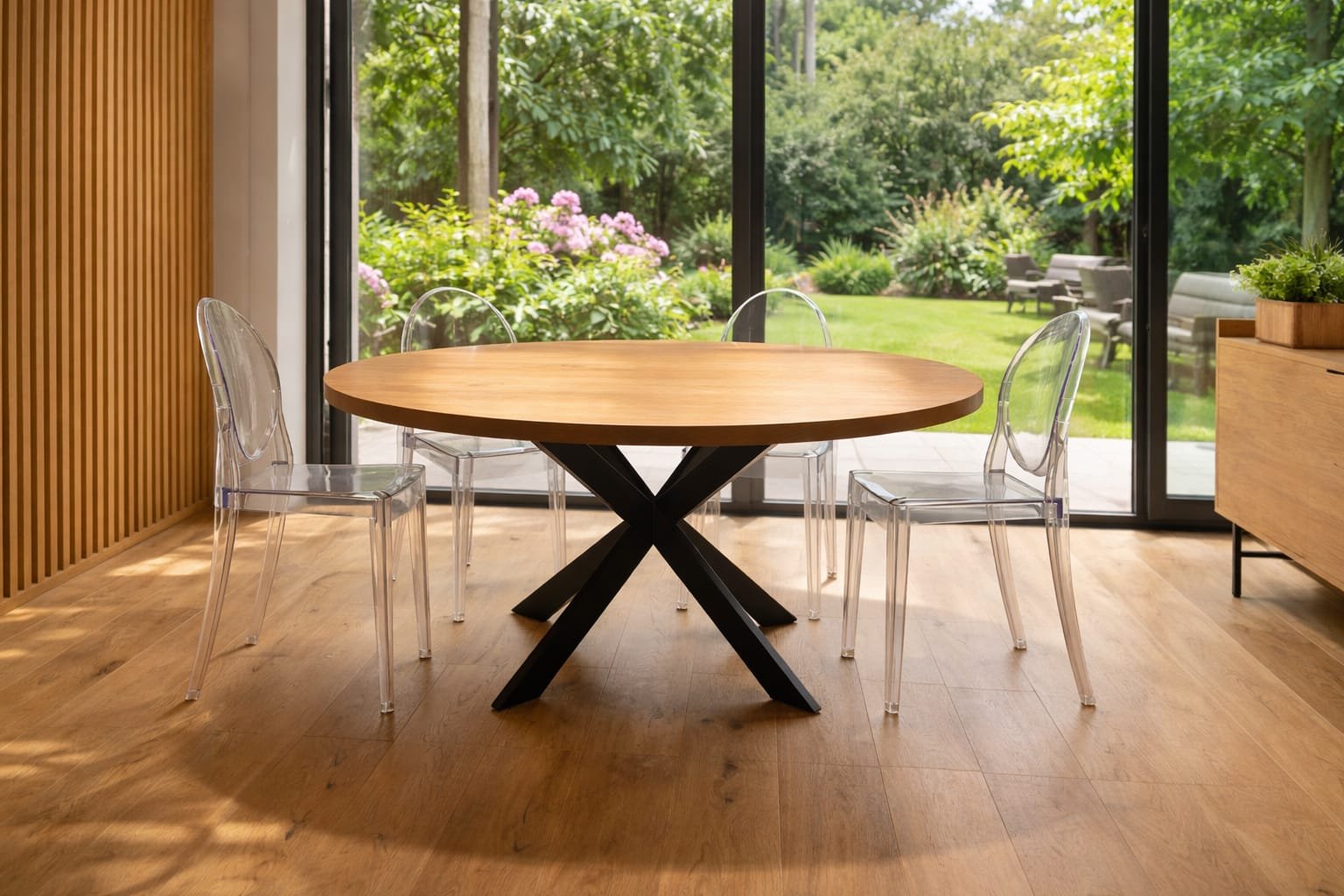 Mesa redonda de madera maciza con patas de metal en aspa