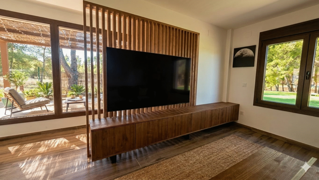 Separador de listones de madera maciza con iluminación LED y mueble TV suspendido hecho a medida