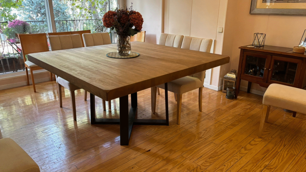 Mesa de comedor cuadrada de 150 por 150 cm con patas metálicas en aspa